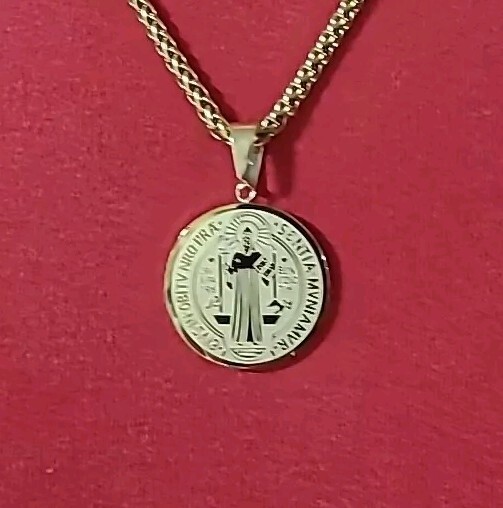 St Benedict (S. Benito) Medal Stainless Steel Charm Pendant Necklace Gold Color