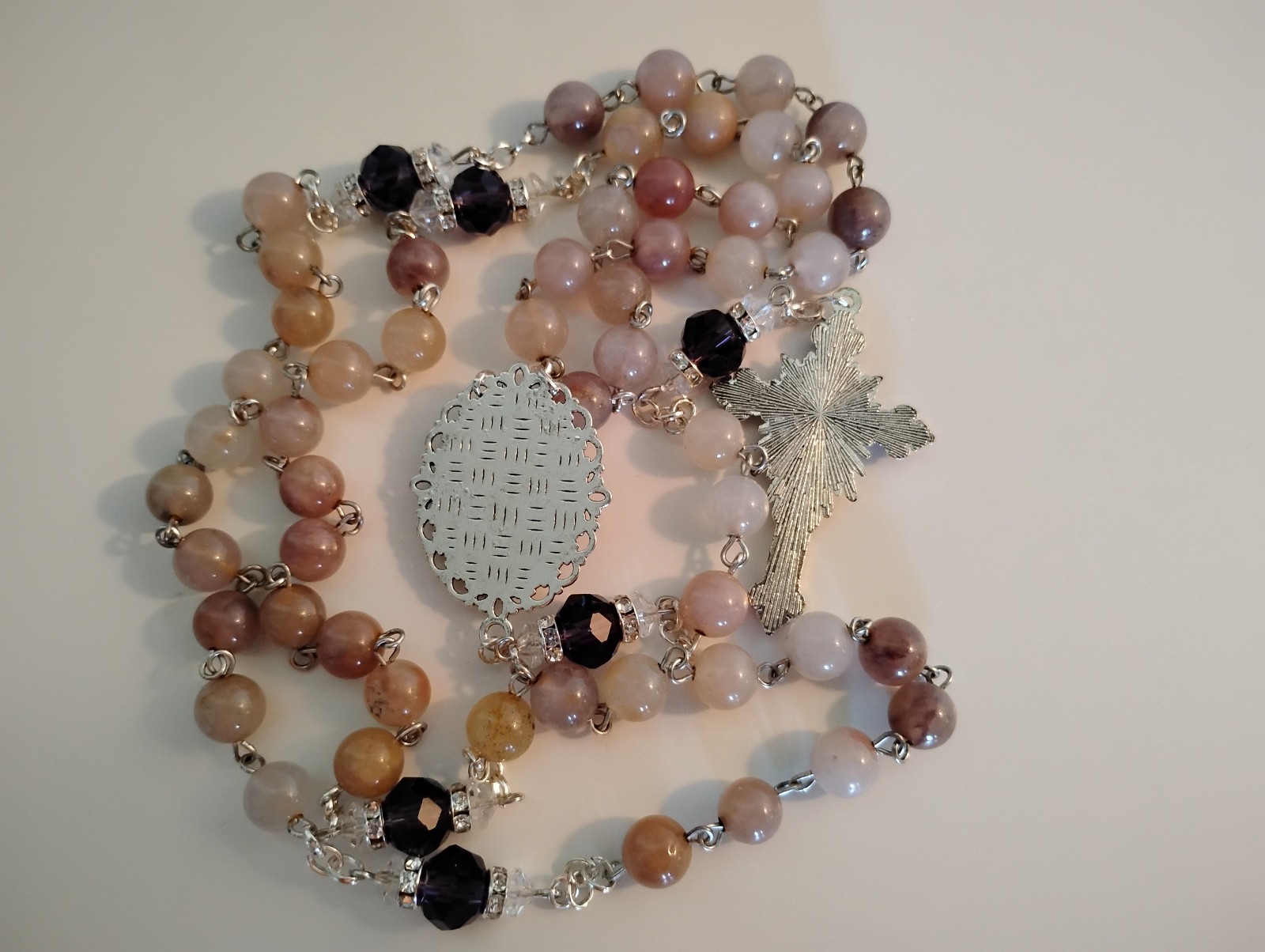 Pink Opal Gemstone & Amethyst Crystal Rosary Beads 8mm 10mm Silver Mary Roses