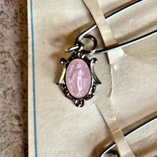Vintage Baby’s First Medal Pink Silver Miraculous Mary Jiffy Lox Safety Pins