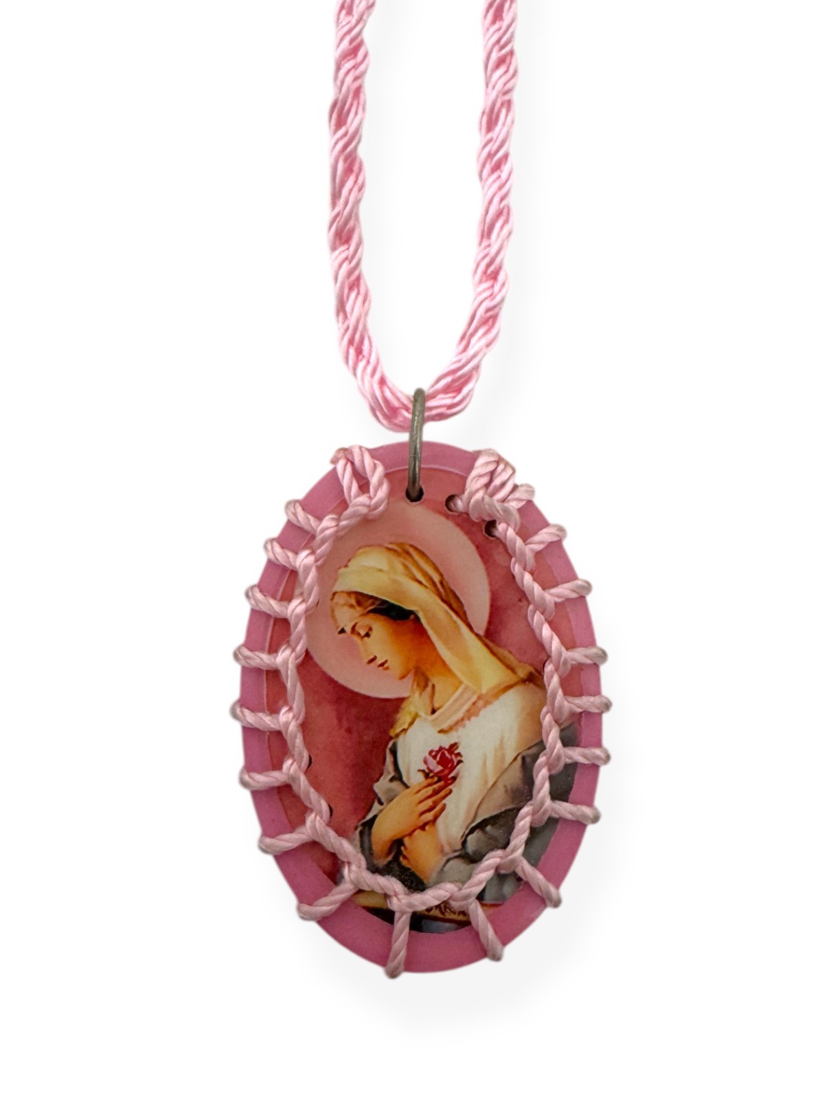 Mystical Rose Virgin Pink Wood Oval Scapular Necklace Escapulario Rosa Mistica