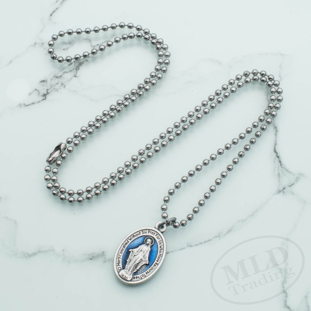 Blue Miraculous Medal Virgin Mary 1″ Pendant Necklace Italy w 24″ Ball Chain