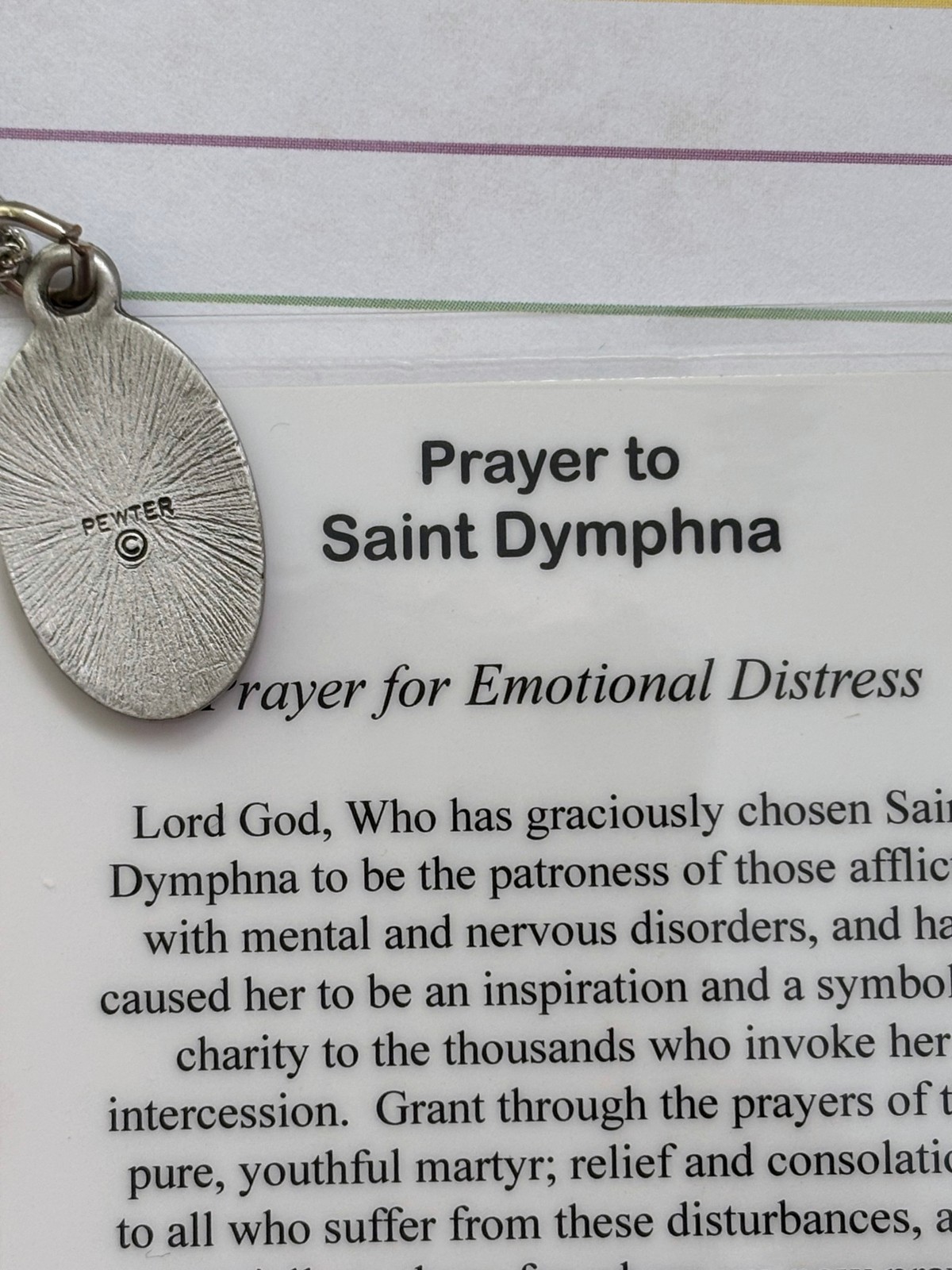 St. Dymphna Medal Necklace w Laminated Prayer Card Patron Mental Health
