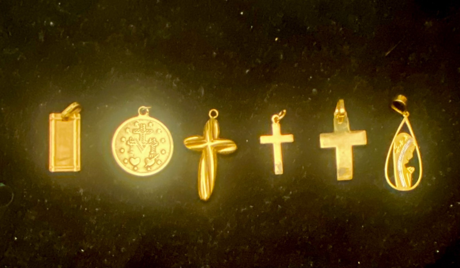 SIX GOLD-PLATED RELIGIOUS CHRISTIAN MEDALS & CROSSES, FOR HANGING, c1960-1990 vg