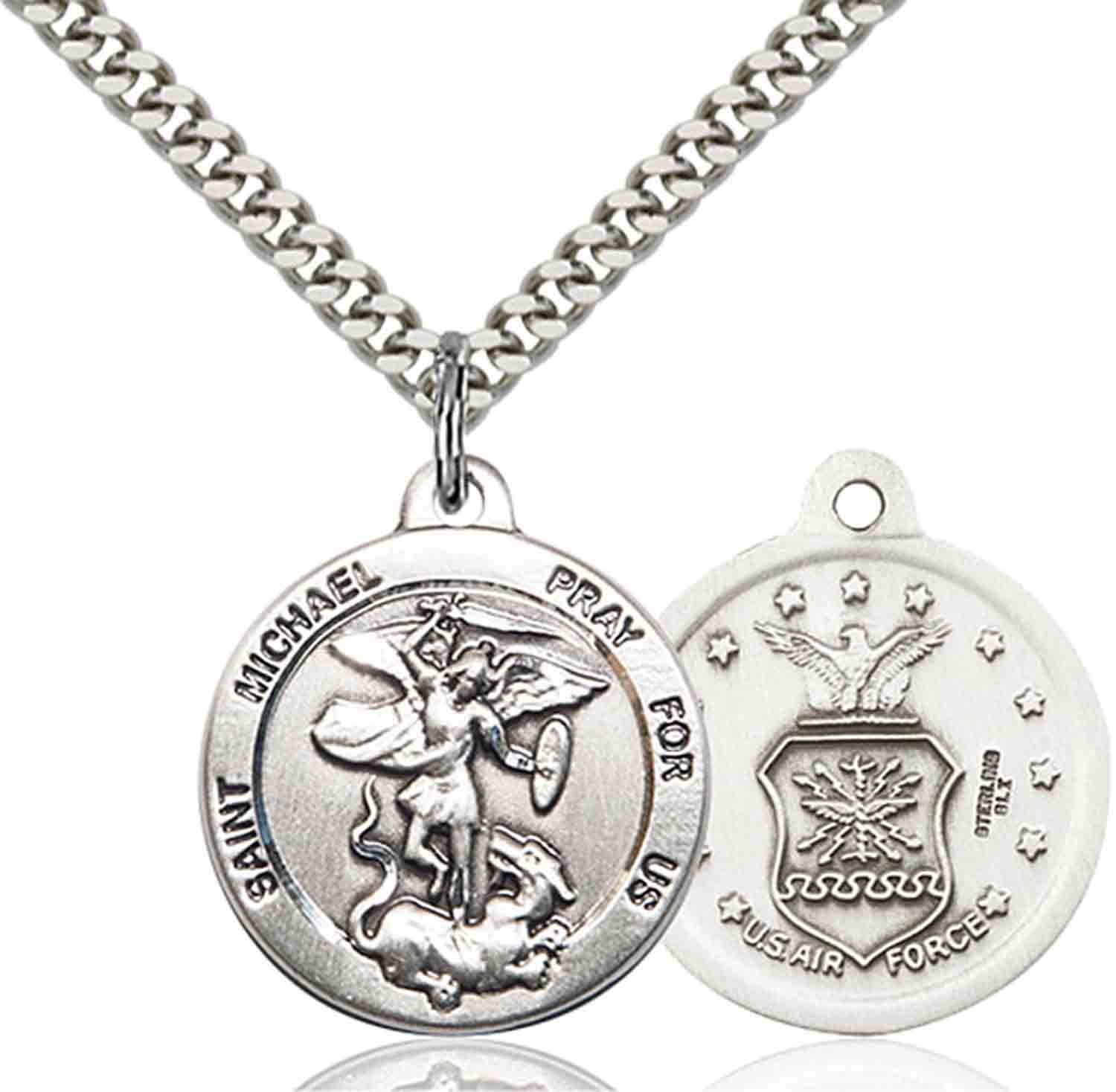Pewter Saint Michael Air Force Catholic Medal Pendant Necklace 24″ Chain GiftBox