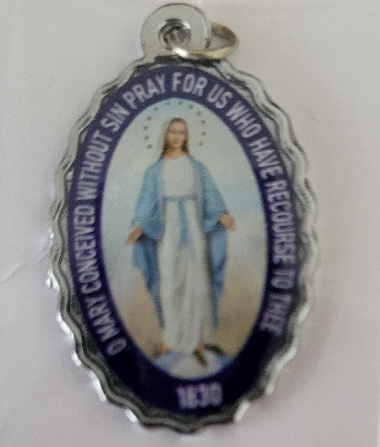 Blessed Virgin Mary Miraculous Medal Blue 1″ Aluminum Scalloped Edge Religious