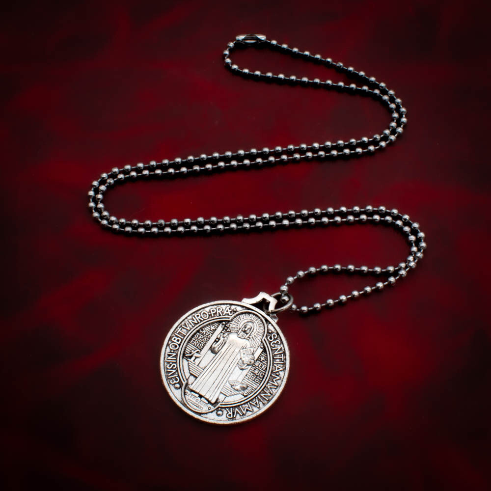 Saint St Benedict Medal Pendant Necklace 24″ Ball Chain Vintage Alloy Protection