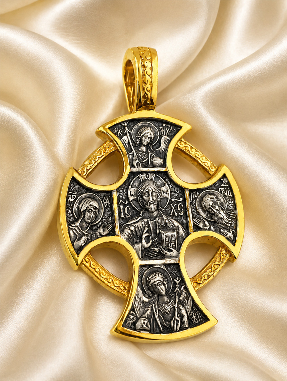 24kt Gold Plated Sterling Silver Diesis Archangels Icon Cross Pendant With Chain