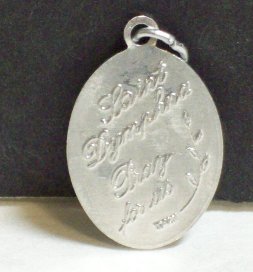 Vintage St Dymphna Medal Saint Pray For Us Oval Silver Tone Pendant Italy Faith