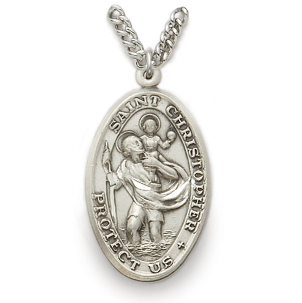 Large Antiqued Sterling Silver Saint Christopher Medal Vintage Style Necklace