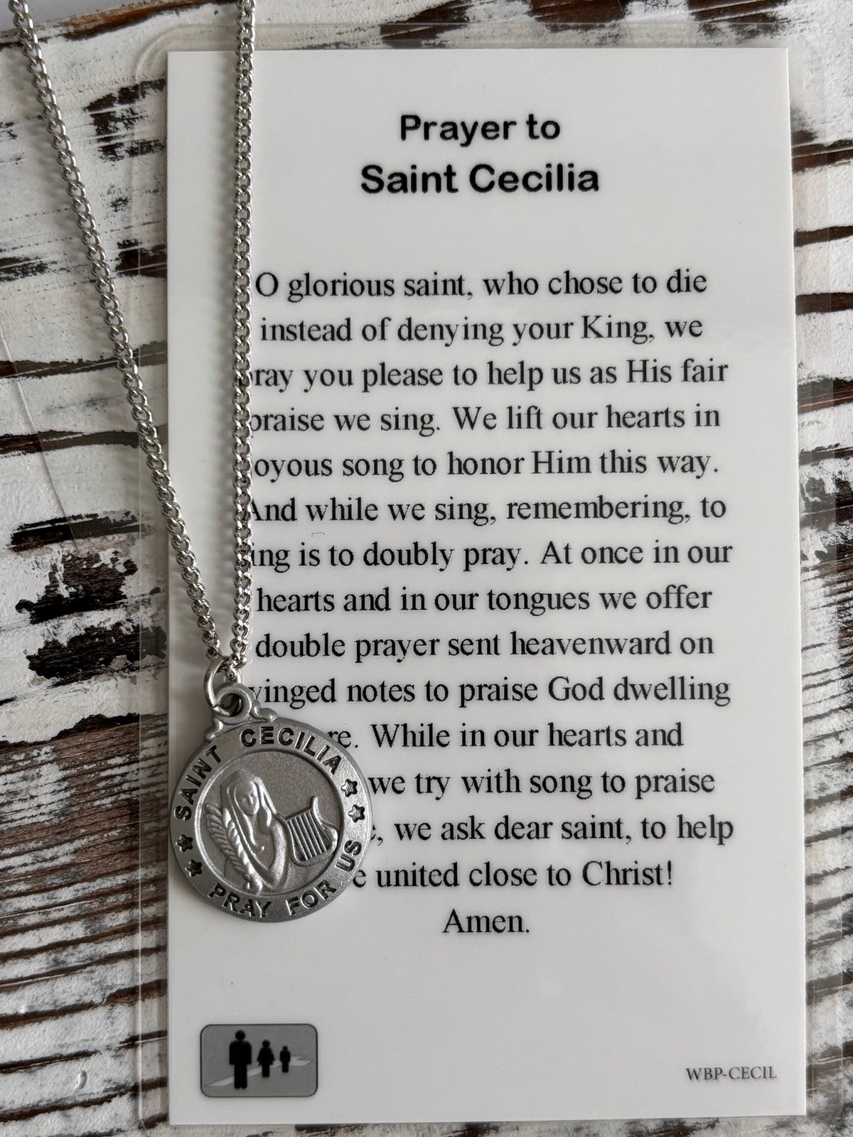 St Cecilia Prayer Pewter Medal on 18 In Chain and Laminated Holy Card Set