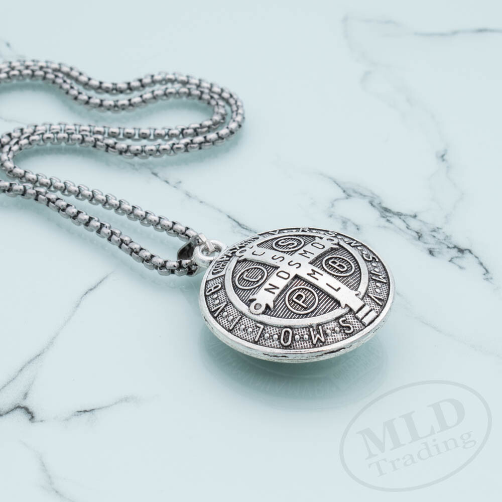 3D Saint St Benedict Medal Thick Pendant Necklace w 24″ Box Chain Silver Tone