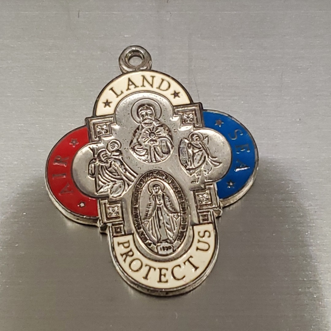 VTG Catholic Air Land Sea Military 4 Way Cross Sterling Silver Medal Pendant