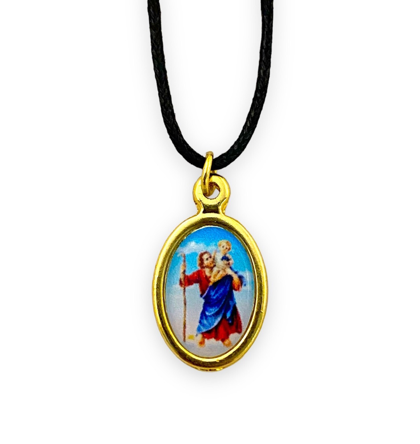 St Christopher Gold Tone Medal Pendant String Necklace Medalla San Cristobal New