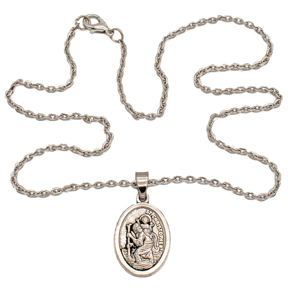 Saint St Christopher Protect Us Oval Silver Medal Pendant Necklace 18″ Chain