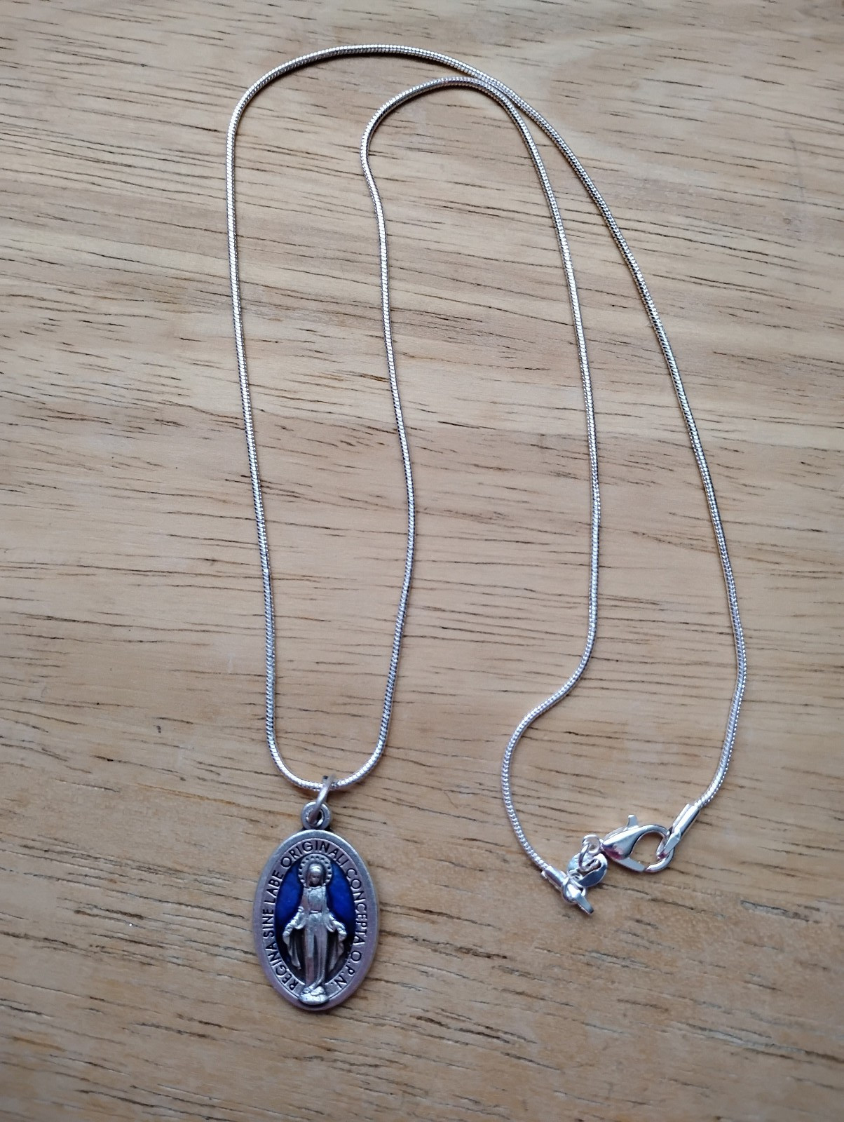 1″ Blue Miraculous Medal LATIN Necklace 925 sterling silver chain + Prayer Card