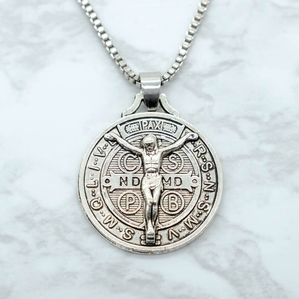 Jesus Crucifix Saint St Benedict Medal Cross Pendant Necklace 24″ Box Chain