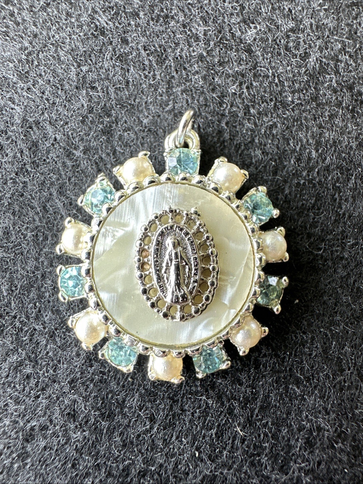 Vintage Miraculous Virgin Mary Religious Pendant Faux Pearl Aqua Rhinestone MOP