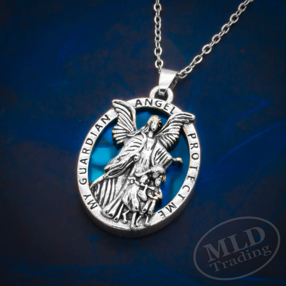 Guardian Angel Pendant Necklace, Religious Protector Medal, Alloy, 20″ Chain