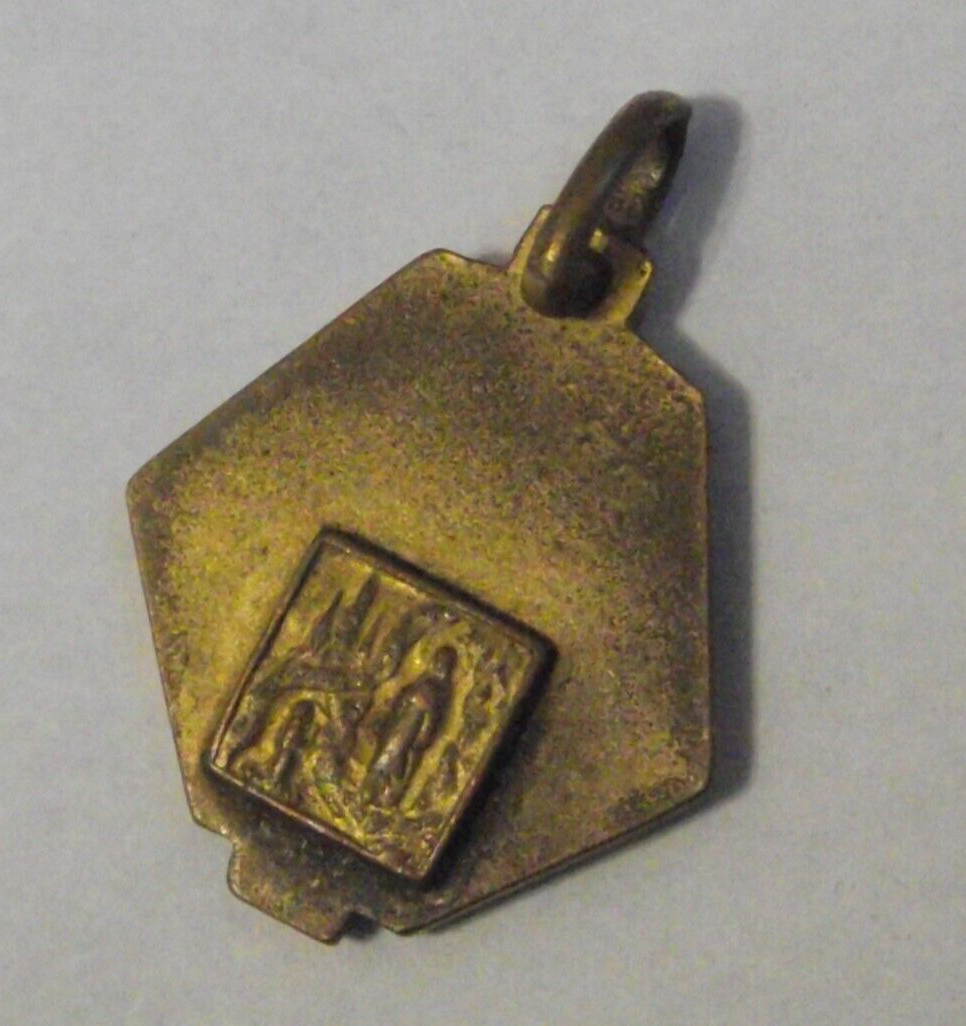 Vtg brass gold tone art deco ornate Our Lady of Lourdes pendant medal charm