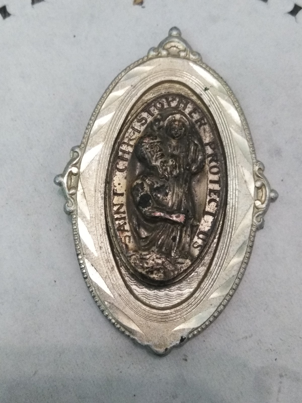 1950’S St. Christopher Catholic Car Badge Visor Pin Protect Us Metal (2″X1.5″)
