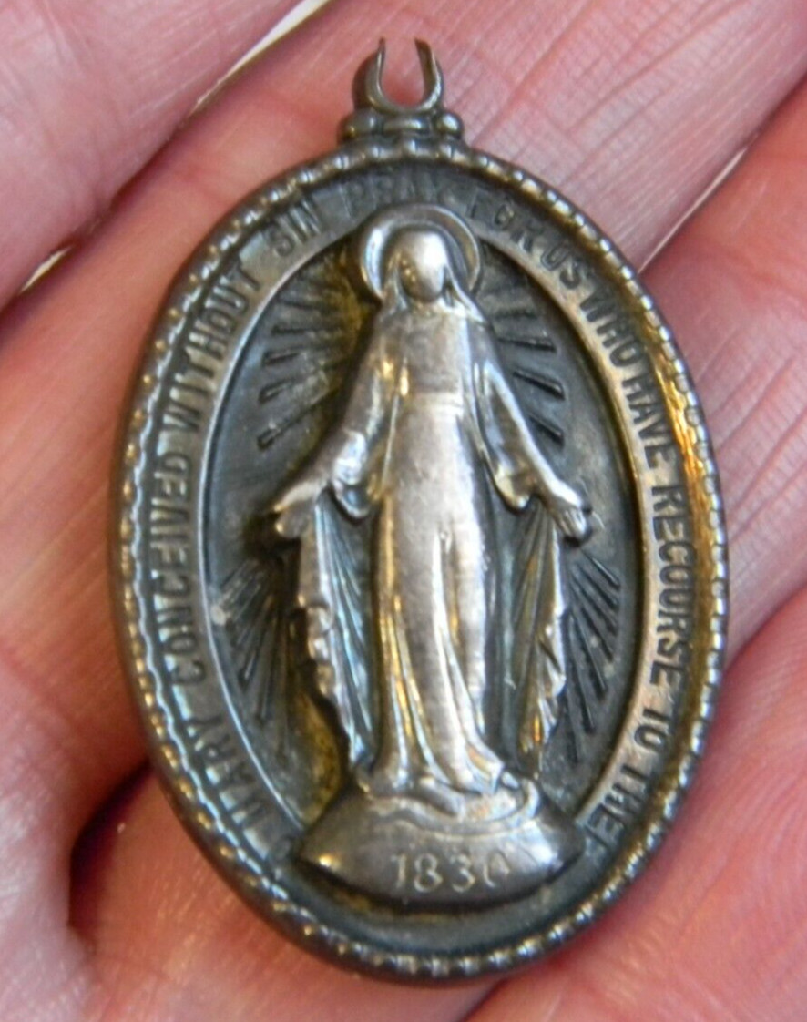 Broken bail large sterling oval pendant medal Miraculous Virgin Mary