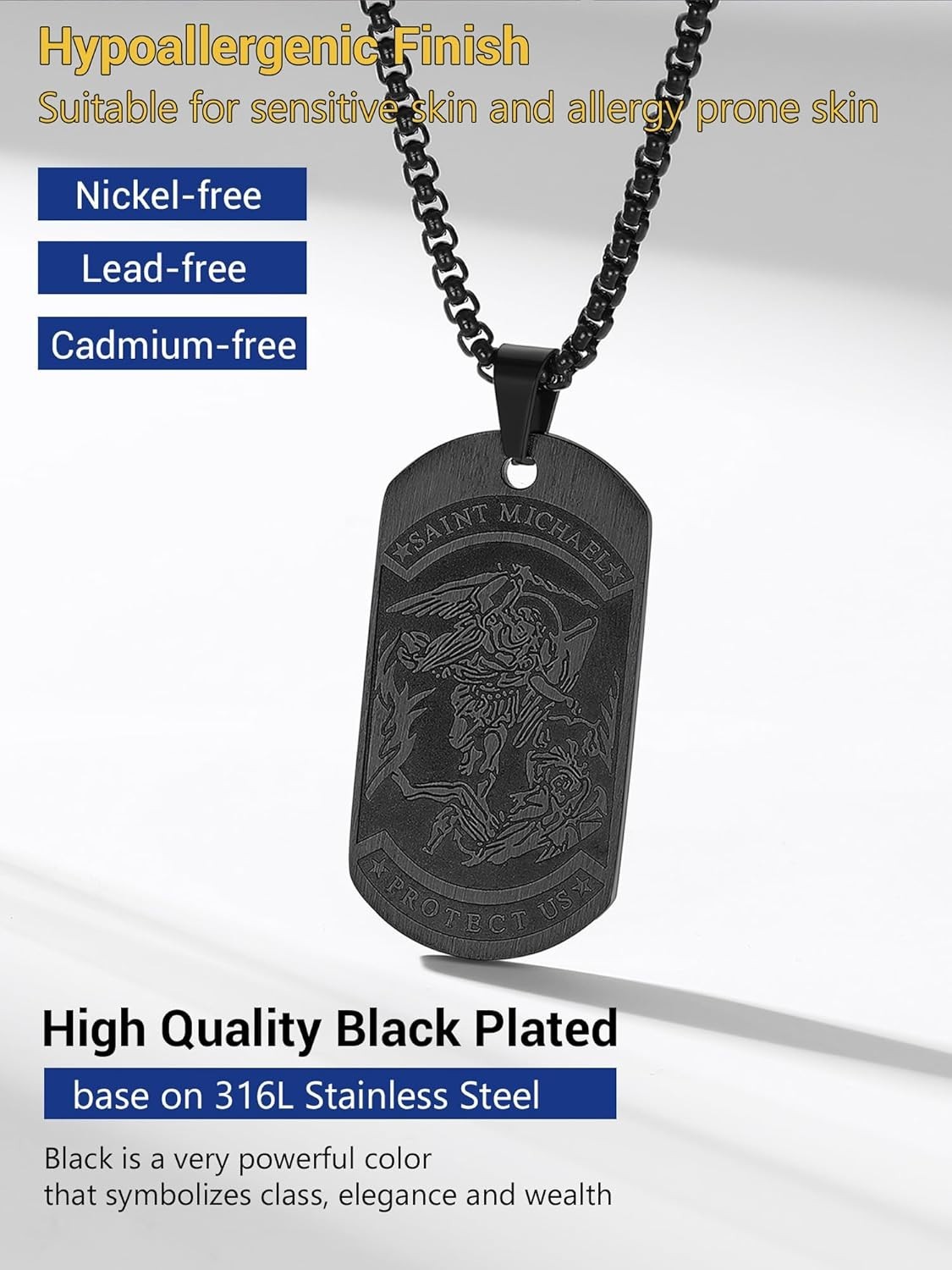 Men’s Black Plated St. Michael Necklace with Box Length 22-24 Inches