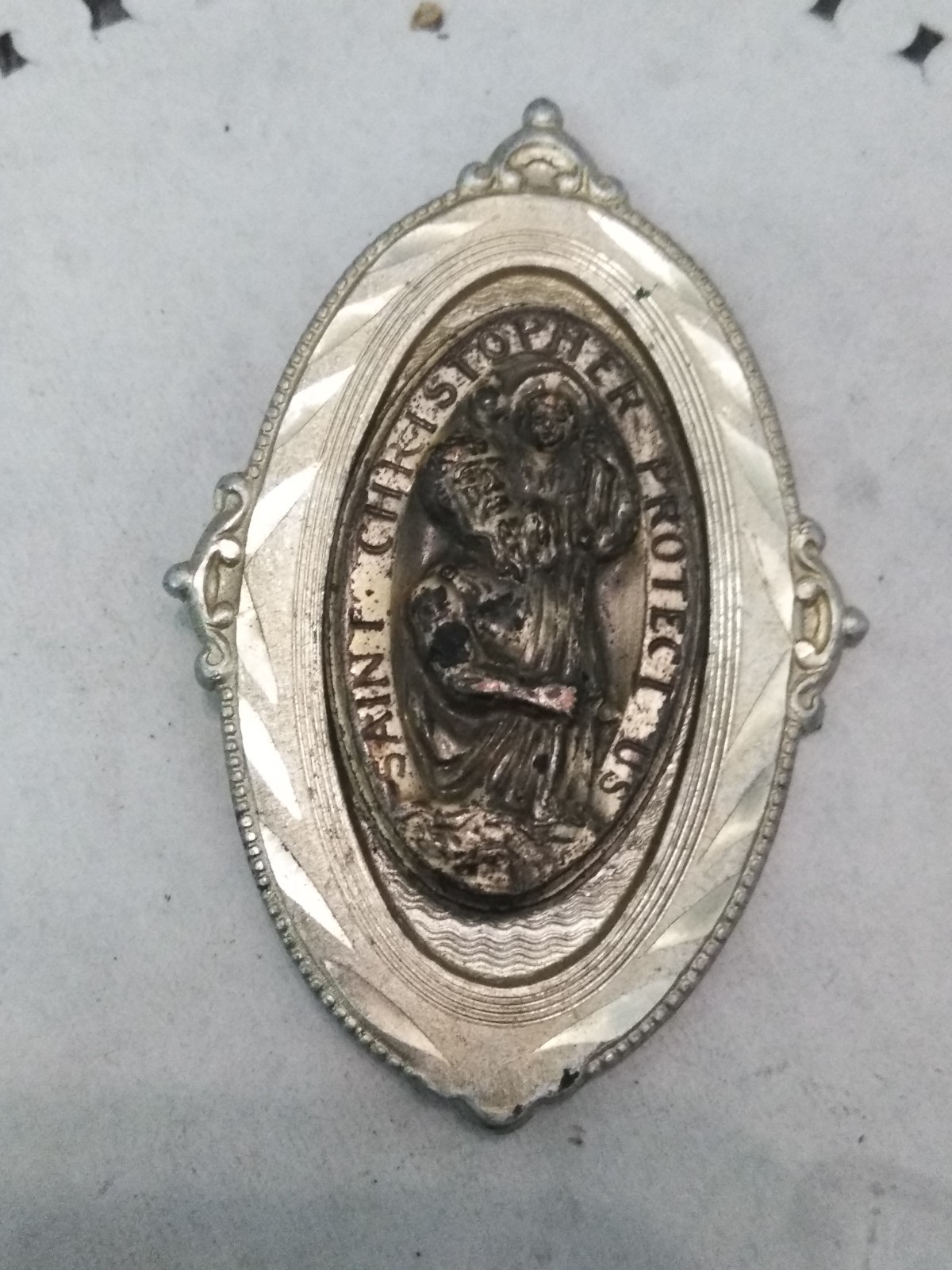 1950’S St. Christopher Catholic Car Badge Visor Pin Protect Us Metal (2″X1.5″)