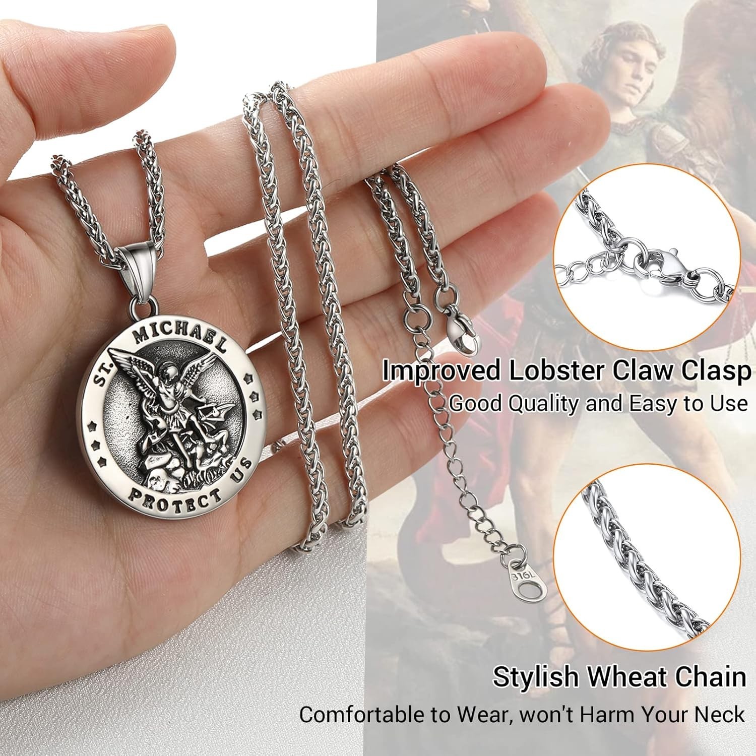 Elegant Saint Michael Medal Necklace for Men – 316L Steel, Adjustable 22-24″