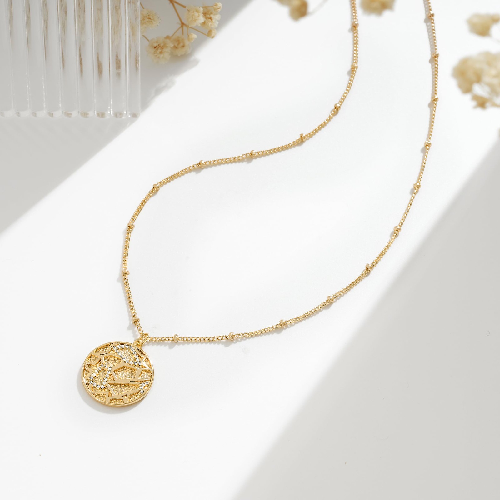 VACRONA Coin Necklace 18k Gold Plated Vintage Textured Medallion Coin Pendant Ro
