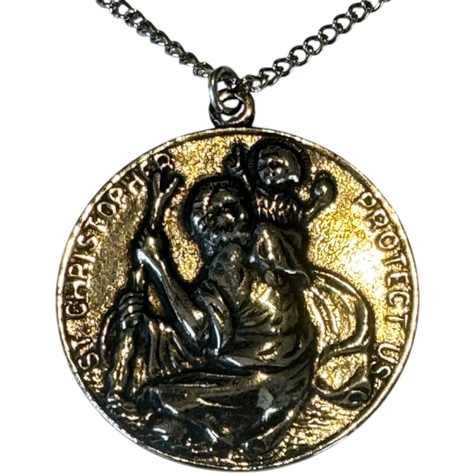 Saint St Christopher Medal Protect Us Heavy Oval Style Large Pendant Necklace