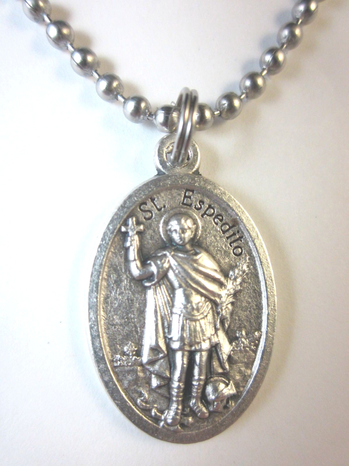 St Espedito ( Expedite ) Medal Necklace 24″ Ball Chain Gift Box & Prayer Card