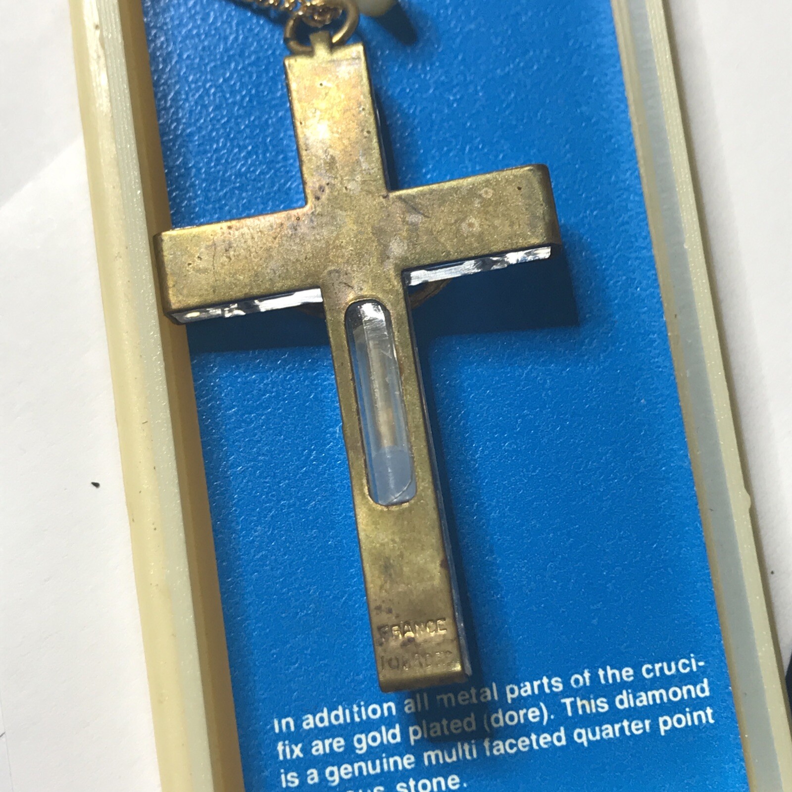 Vtg Lourdes France Cross Lucite Gold Plated Crucifix Holy Pendant Necklace NOS