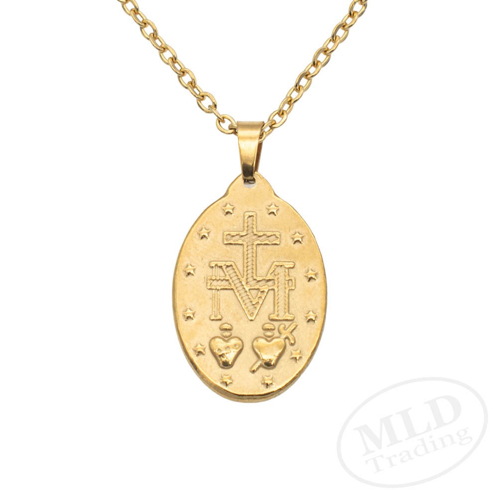 Gold Miraculous Medal Necklace – Stainless Steel Catholic Pendant 18″+2″ Chain