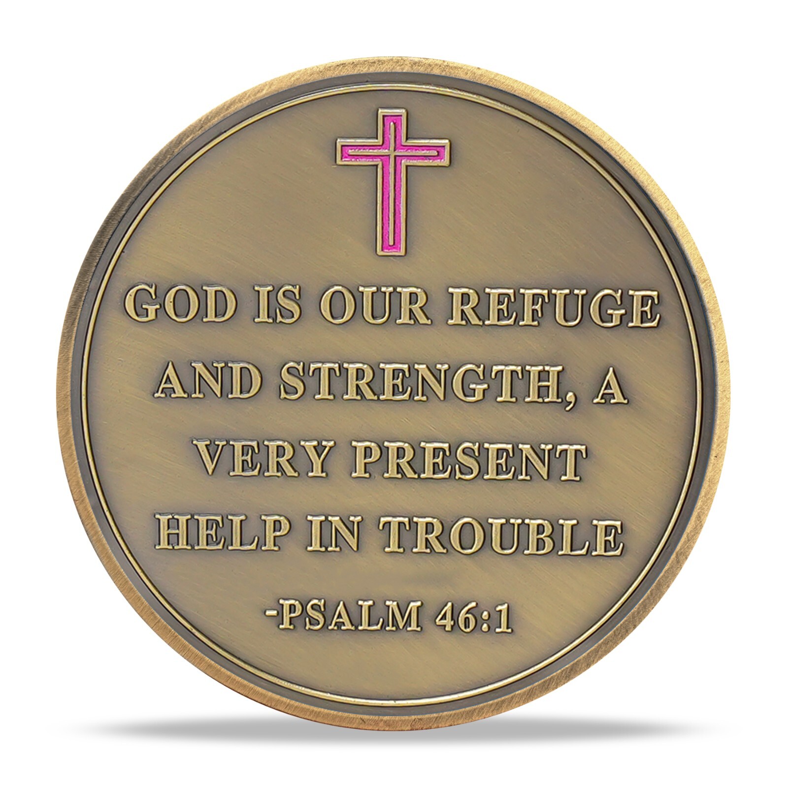 Pink Cross Christian Challenge Coin – Faith Is My Armor – Psalm 46: 1 Verse Coin