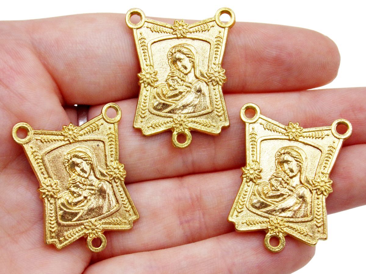 Gold Tone Lot of 3 Madonna and Child Flora Style Border Rosary Center 1.25 In
