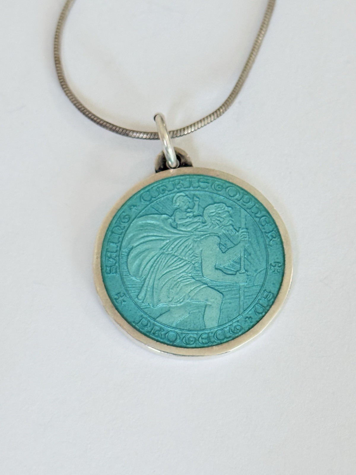 Charles Thomae St Christopher Sterling Silver Blue Enamel Medal Pendant Necklace