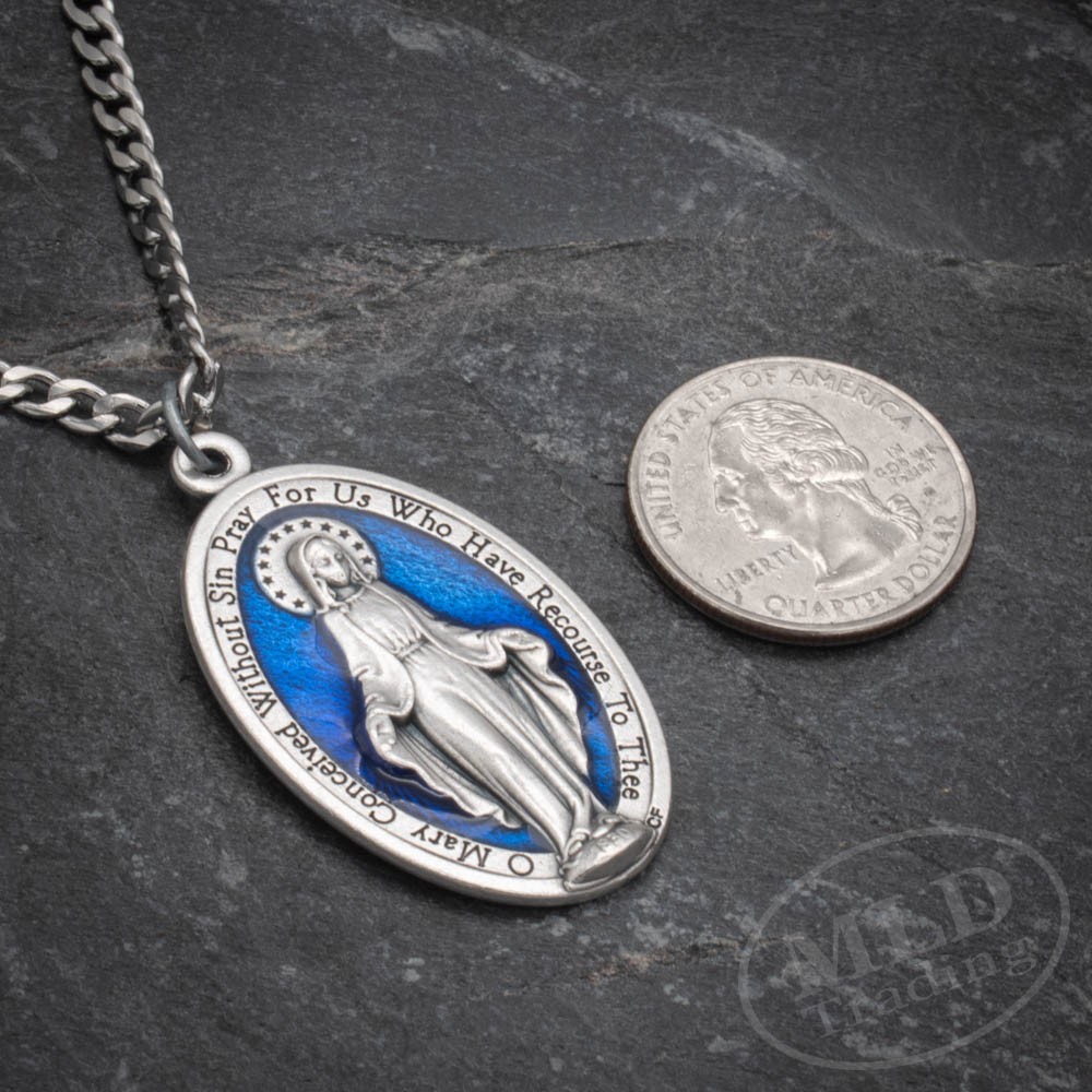 Large 1 3/4″ Blue Miraculous Medal Mary Pendant Necklace Italy w 24″ Curb Chain