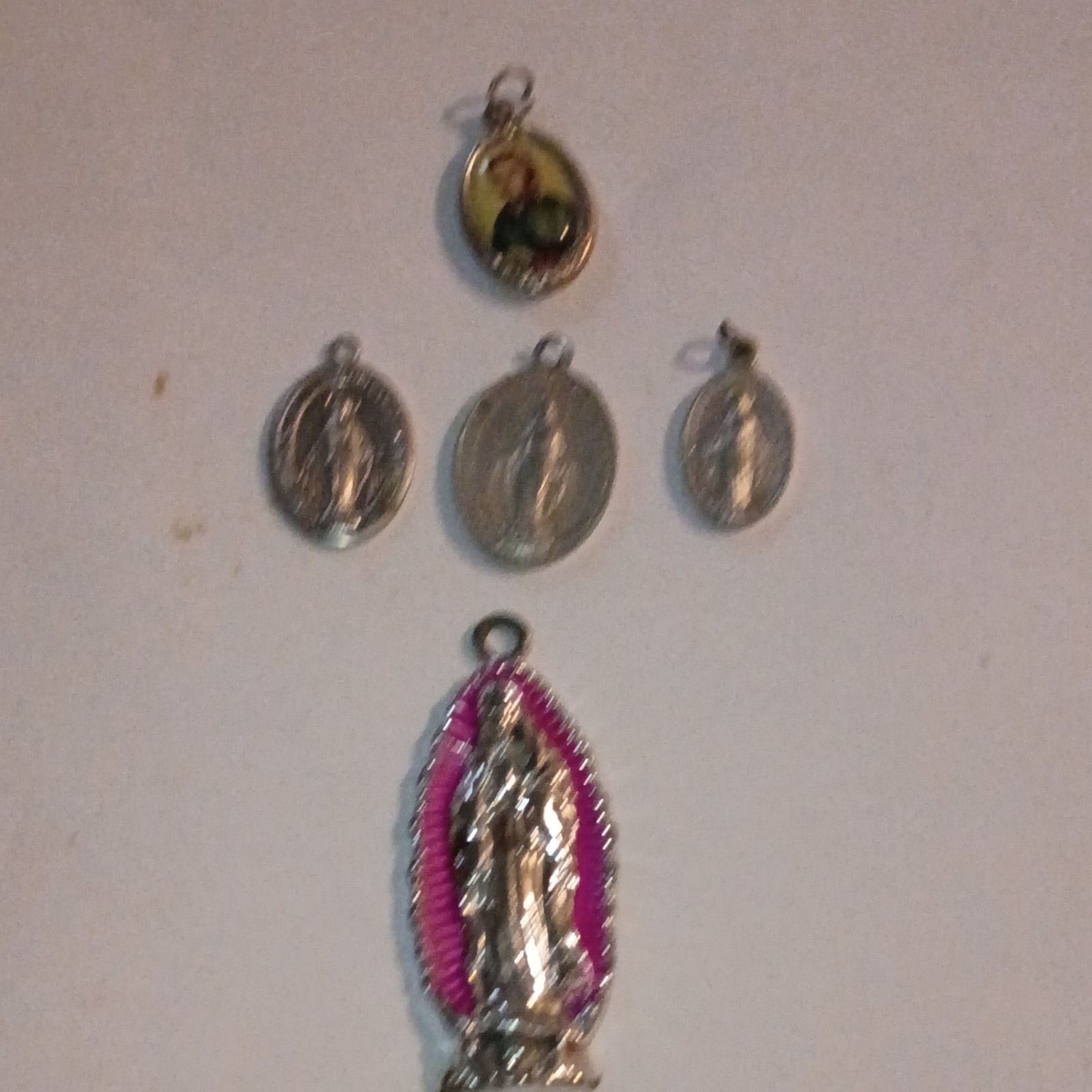 Lot of 5 Christian Religious Medals Virgin Mary Saint Silver Tone Pink Inscribed