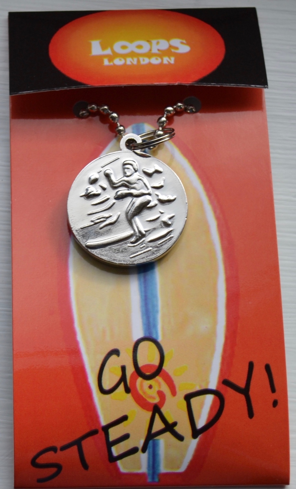 St. Christopher “Surfing” Medal w/ 33″ Chain. 25mm medal. Green w/ White Trim