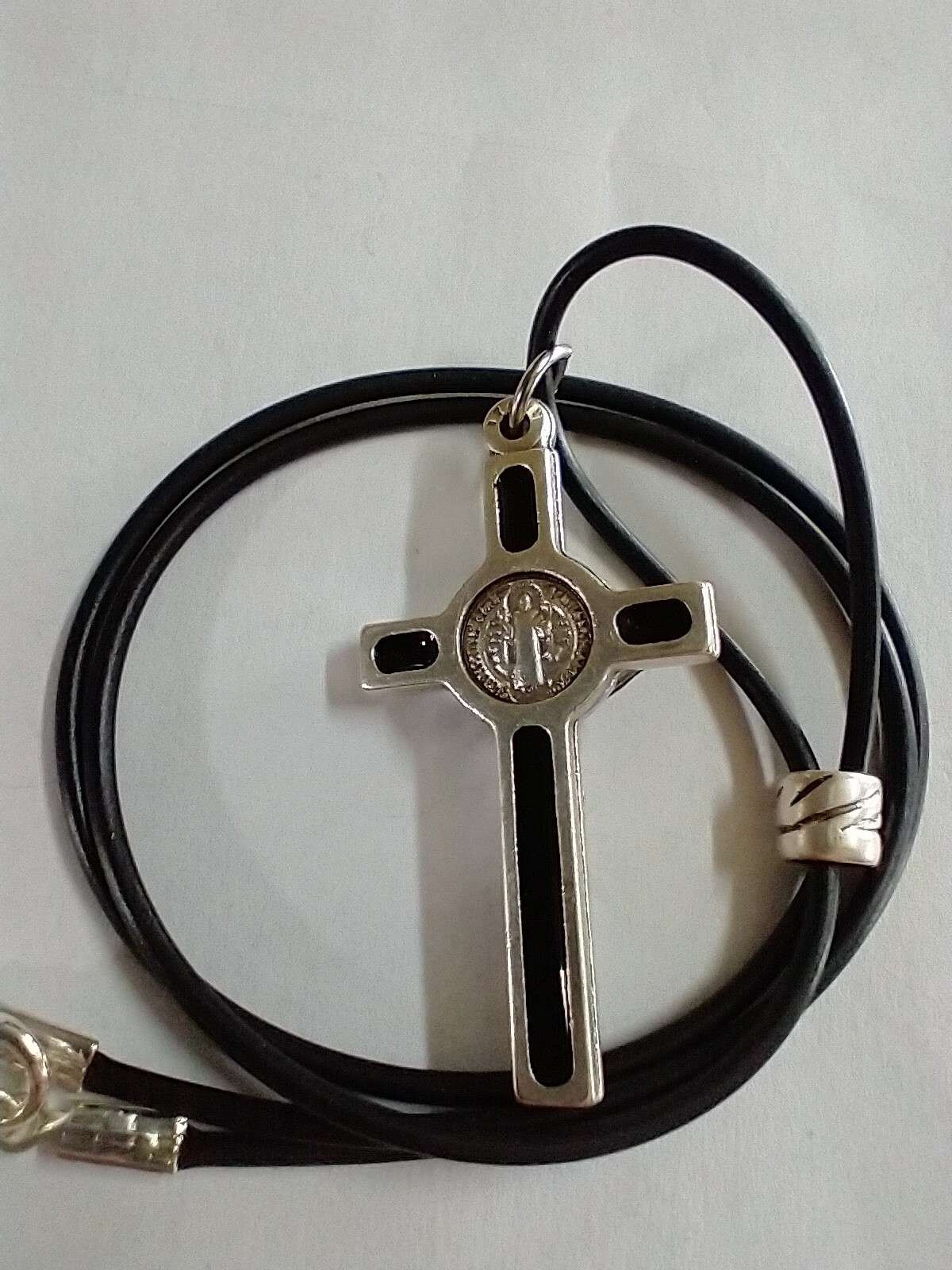 Catholic 1.5″ St Benedict Enamel Cross Crucifix Italy 20″ Poly Cord Necklace