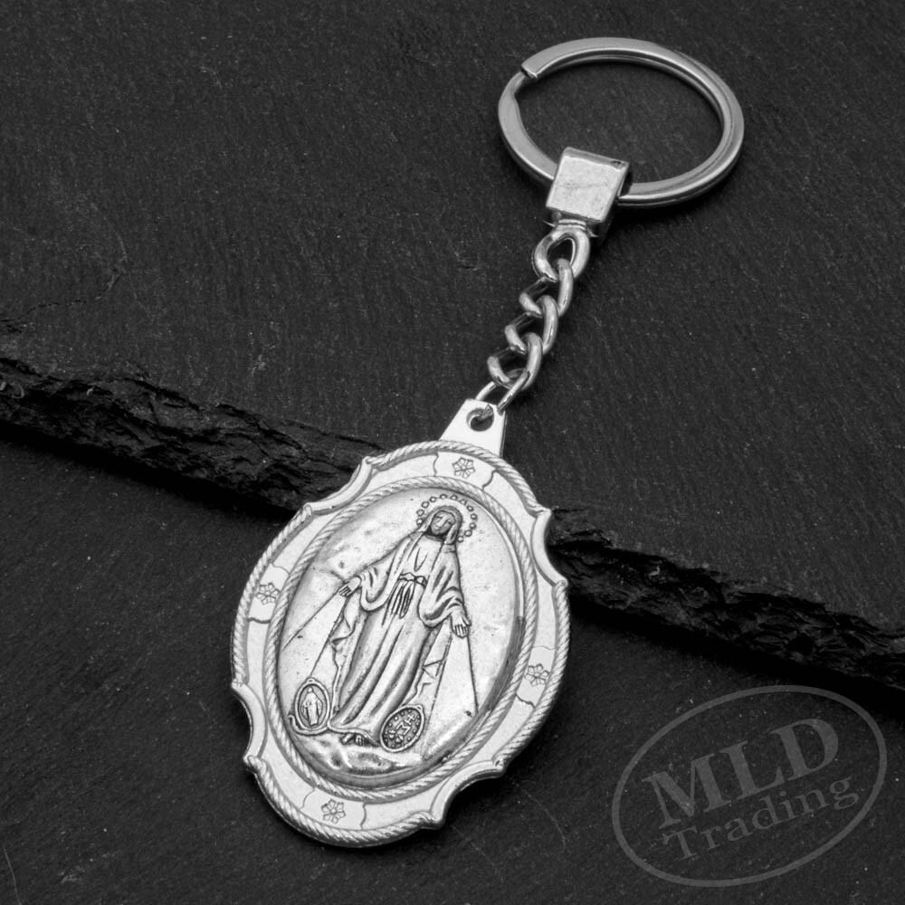 Miraculous Medal Keychain Large Silver Pendant Zinc Alloy Religious Key Ring