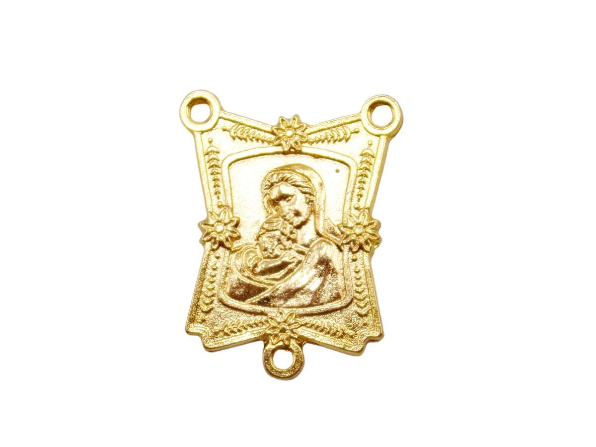 Gold Tone Lot of 3 Madonna and Child Flora Style Border Rosary Center 1.25 In