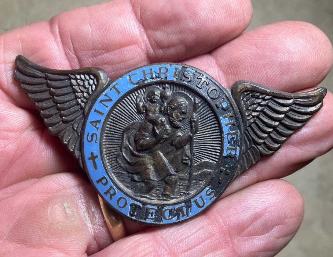 Really neat St Christopher Protect Us winged medallion/badge-NM detecting find