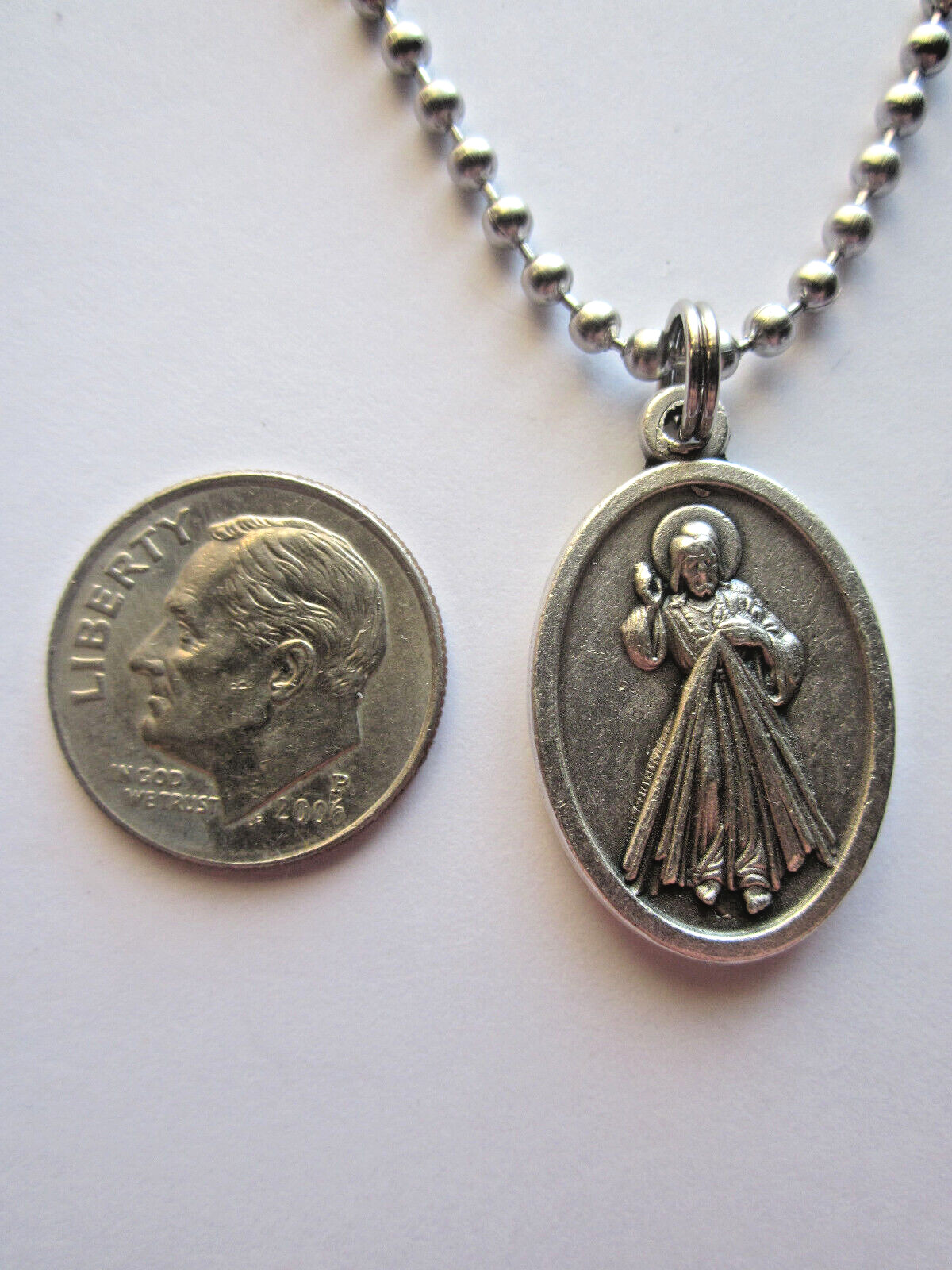 Divine Mercy / St Faustina Medal Pendant Necklace 24″ Ball Chain Prayer Card