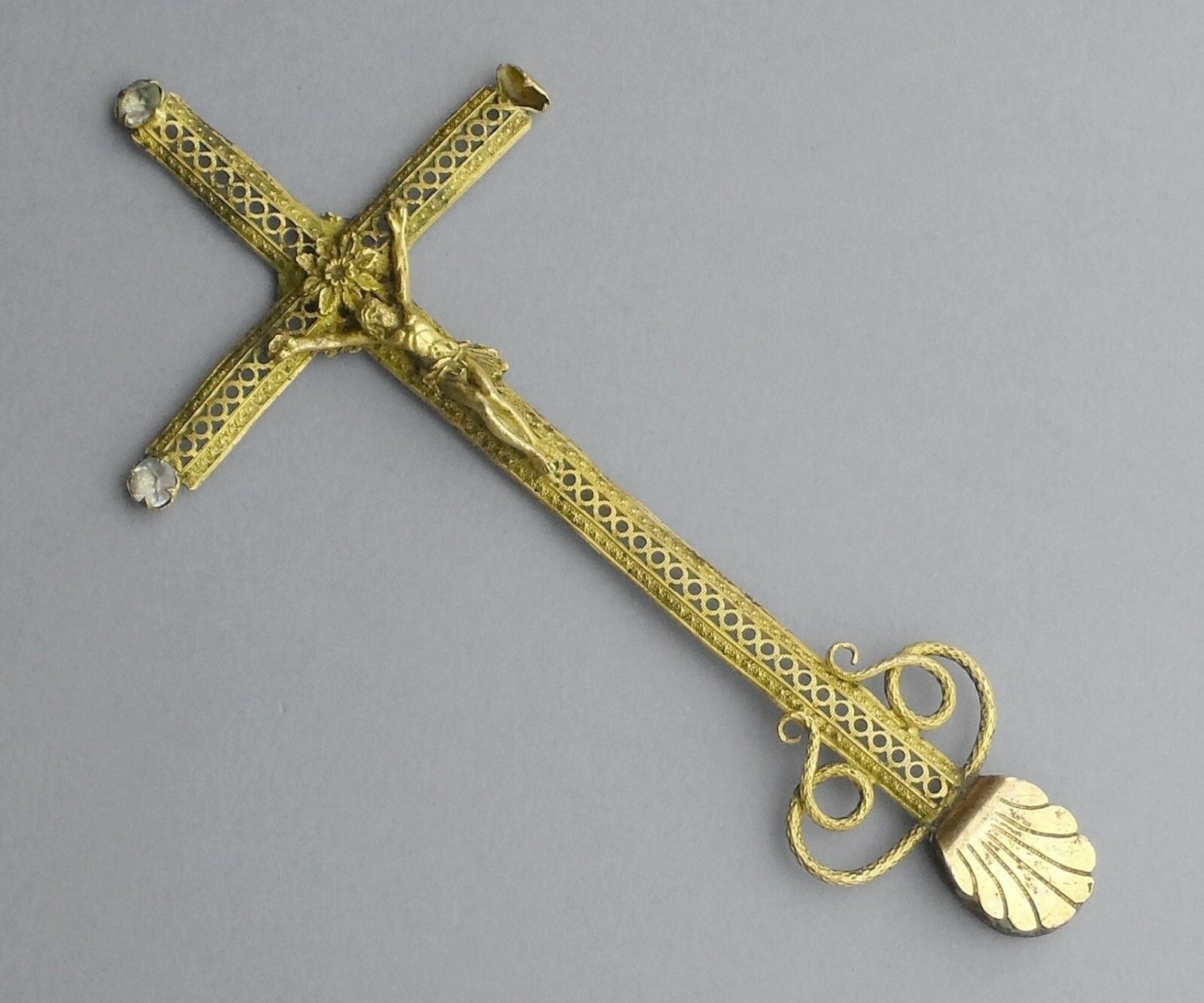 French, Antique Religious Large Brass Cross. Gold Plating Crucifix.