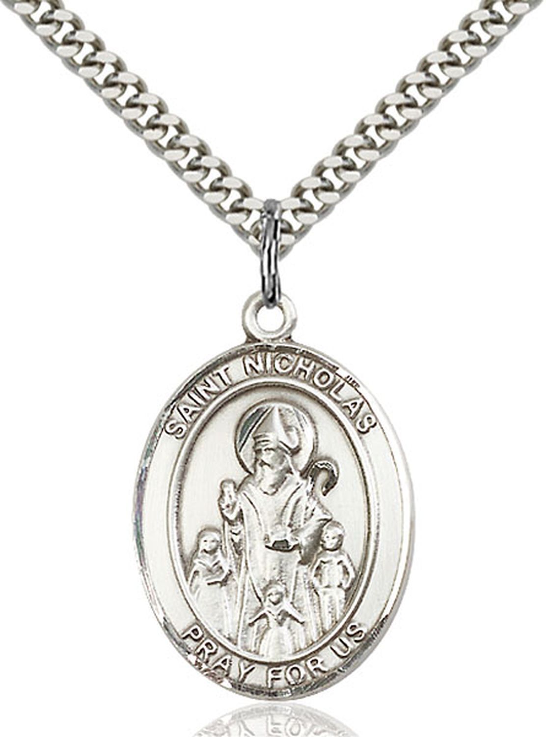 Sterling Silver St Saint Nicholas Medal Pendant 24” Chain with Prayer Card