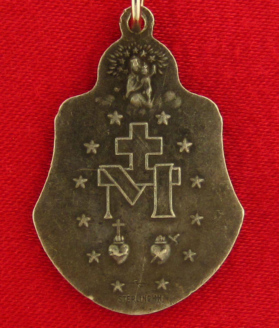 Vintage Sterling MARY Medal RED WHITE BLUE ENAMEL WINGS MIRACULOUS WWII Large