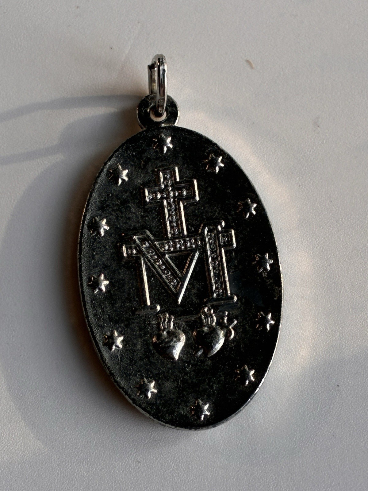 Vintage Catholic Blue Enameled Miraculous Medal Pendant Charm Pray For Us 1.25in