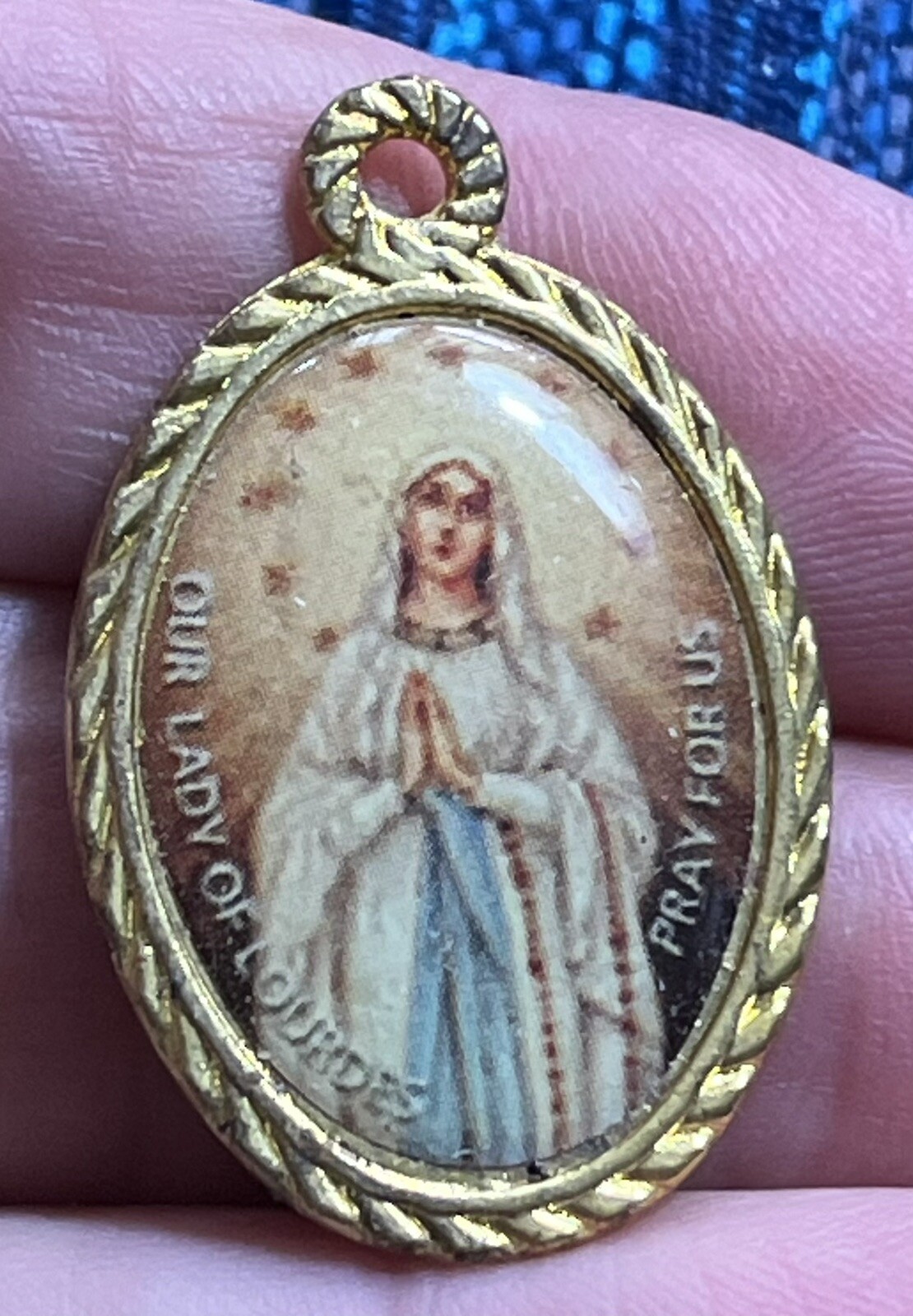 Vintage Our Lady of Lourdes Multi Color Religious Medal Gold Tone Trim Tarnished