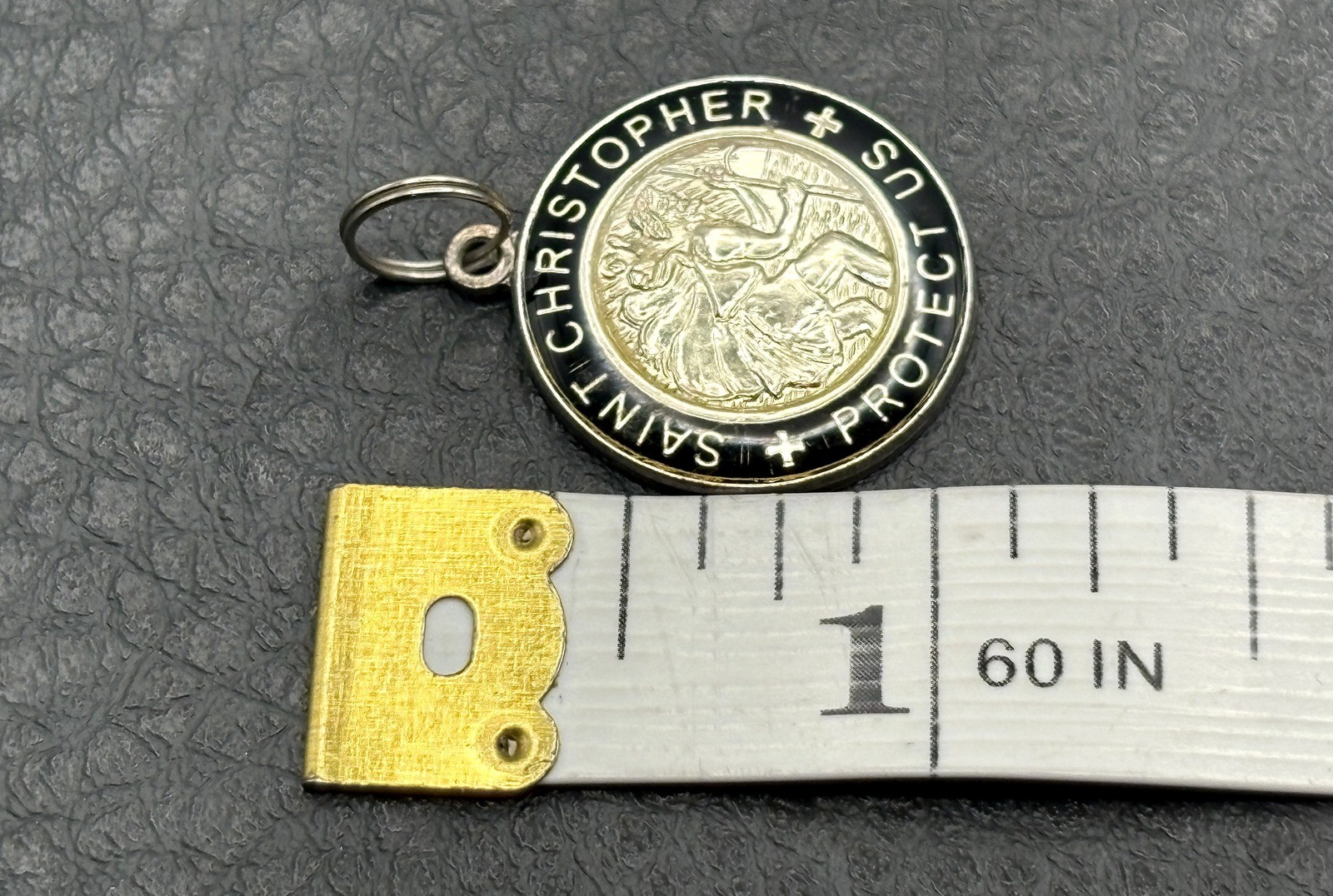 Saint Christopher Protect Us Two-Tone Enamel Medal Pendant Silver Plate